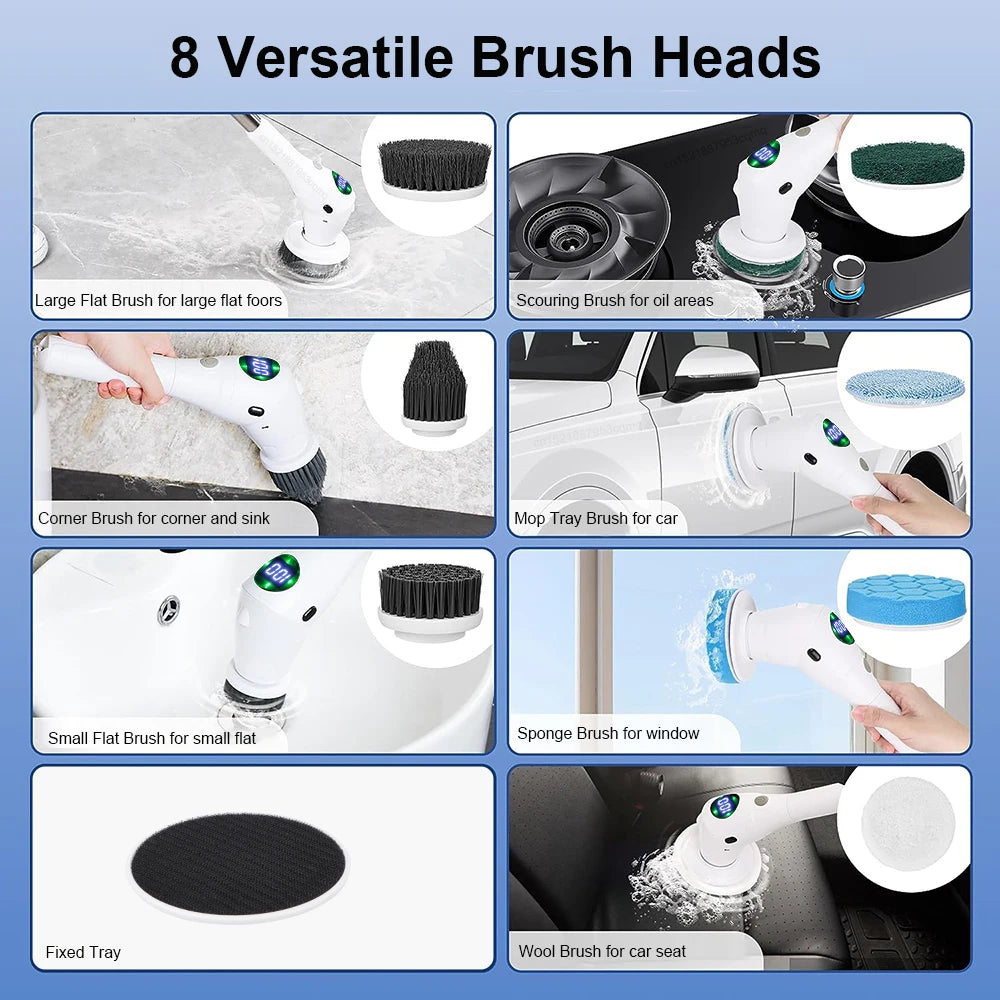 8-in-1 Cordless Electric Cleaning Brush for Home, Bathroom, Kitchen, and Windows